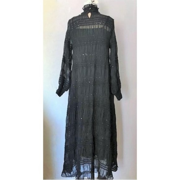 ZARA BLACK RUCHED SEQUIN HIGH NECK LONG SLEEVE MAXI DRESS S NWT - Picture 5 of 13